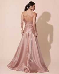 Vestido de Festa Longo Cetim Cristal Tomara que Caia Drapeado Mocha Mousse