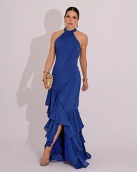 Vestido de Festa Longo Decote Halter com Babados Azul Royal