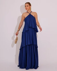 Vestido Longo Babado em Camada Azul Marinho