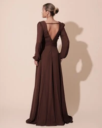 Vestido de Festa Manga Longa com Cintura Drapeada Decote V Marrom