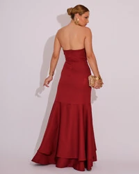Vestido Longo com Fenda de Babados Alfaiataria Marsala Escuro
