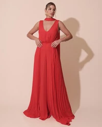 Macacão de Festa Longo Crepe Pantalona Plissado e Lenço Vermelho New