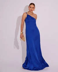 Vestido de Festa Longo em Cetim Fluido um Ombro Só Azul Royal