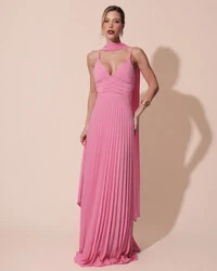 Vestido de Festa Longo Plissado Crepe Chiffon com Alça e Lenço Rosa