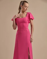 Vestido de Festa Longo Crepe Chiffon Manga Babado e Fenda Pink New