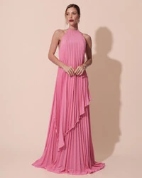 Vestidos de Festa Longo Chiffon Fluido Frente Única Plissado Duplo Rosa