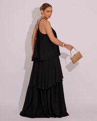 Vestido Longo Babado em Camadas Preto