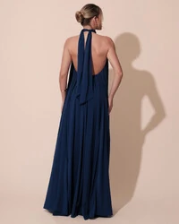 Vestido Longo Crepe Chiffon Frente Única Fluido Flor Removível Azul Marinho