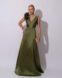 Vestido de Festa longo Zibeline Decote em V com Flores Removivel Verde Oliva