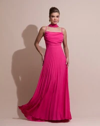 Vestido de Festa Longo Crepe Drapeado com Saia Plissada e Lenço Pink New