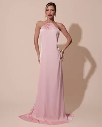 Vestido de Festa Longo Cetim Fluido com Argola Frente Única Rose Gold