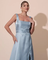 Vestido de Festa Longo Zibeline Cristal com Fenda e Faixa Azul Serenity