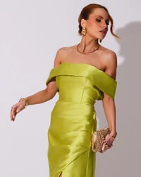 Vestido de Festa Longo Zibeline Ombro a Ombro Drapeado e Fenda Verde Lima