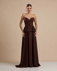 Vestido de Festa Longo Crepe Chiffon Tomara que Caia Peplum Drapeado Marrom