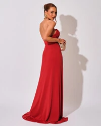 Vestido Longo Tomara que Caia Malha Fenda Vermelho Escuro