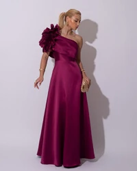 Vestido de Festa Longo Zibeline um Ombro Só Flor Drapeado Fúcsia