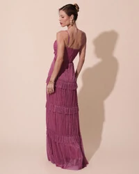 Vestido de Festa Longo Tule com Saia Babado Fúcsia