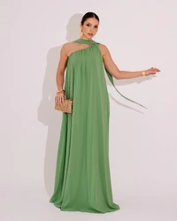 Vestido de Festa Longo Crepe Fluido um Ombro Só com Lenço Verde Claro