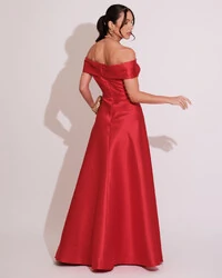 Vestido de Festa Longo Zibeline Ombro a Ombro com Fenda Vermelho
