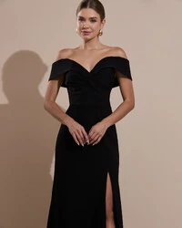 Vestido de Festa Longo Alfaiataria Ombro a Ombro com Fenda Preto