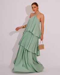 Vestido Longo Babado em Camadas Verde Menta