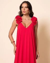 Vestido de Festa Longo Crepe Chiffon Fluido Decote em V Flores Vermelho