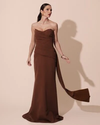 Vestido de Festa Longo Alfaiataria Tomara que Caia Drapeado Faixa Marrom
