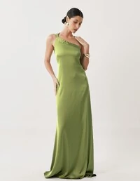 Vestido de Festa Longo Cetim Fluido Um Ombro Só Amarração Costas Verde Pistache