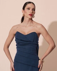 Vestido de Festa Longo Alfaiataria Tomara que Caia Drapeado Faixa Azul Petróleo