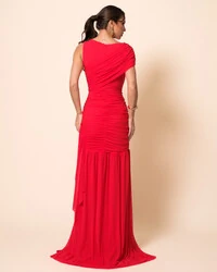Vestido de Festa Longo Tule Faixa Detalhe Drapeado Vermelho
