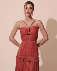 Vestido de Festa Longo Tule com Saia Babado Terracota