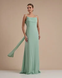 Vestido de Festa Longo Crepe Chiffon Costas Lenço Cauda Verde Menta