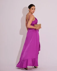 Vestido Midi Babado Acetinado Fúcsia