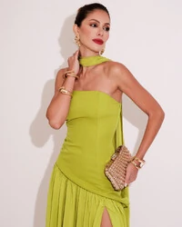 Vestido de Festa Longo Tomara que Caia Alfaiataria e Saia Crepe Chiffon e Lenço Verde Pistache