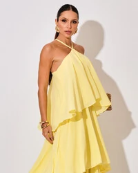 Vestido Longo Crepe Chiffon Babado em Camadas Amarelo Manteiga