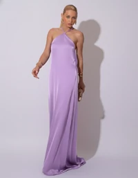 Vestido Longo de Cetim com Decote Triangular e Amarração nas Costas Degagê Lilás