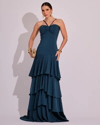 Vestido Longo Frente Única em Crepe com Babados e Camadas Verde