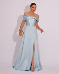 Vestido de Festa Longo Ombro a Ombro Laço Zibeline com Fenda Tiffany