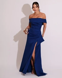 Vestido de Festa Longo Ombro a Ombro com Fenda em Alfaiataria Azul Royal