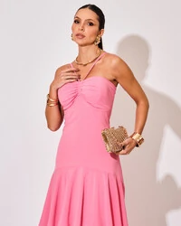 Vestido Longo Crepe com Babado em Camadas Rosa