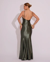 Vestido de Festa Longo Malha Cetim Busto Drapeado Saia Sereia Verde Escuro