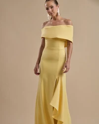Vestido de Festa Longo Alfaiataria Ombro a Ombro com Babado Cascata Amarelo Manteiga