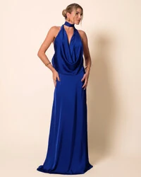 Vestido de Festa Longo Cetim Fluido Frente Única Degagê Mil Formas Azul Royal New