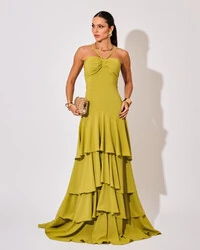 Vestido Longo Crepe com Babado em Camadas Verde Pistache