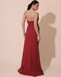 Vestido de Festa Longo Alfaiataria Tomara que Caia Drapeado Faixa Cereja