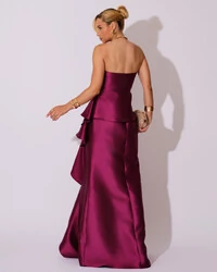 Vestido de Festa Longo Tomara que Caia Babado Cascata Fúcsia Beterraba