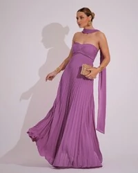 Vestido de Festa Longo Tomara que Caia Plissado com Lenço Fucsia