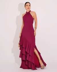 Vestido de Festa Longo Decote Halter com Babados Cereja