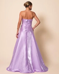 Vestido de Festa Longo Cetim Cristal Tomara que Caia Detalhe Lilás