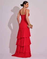Vestido Longo Frente Única em Crepe com Babados e Camadas Vermelho